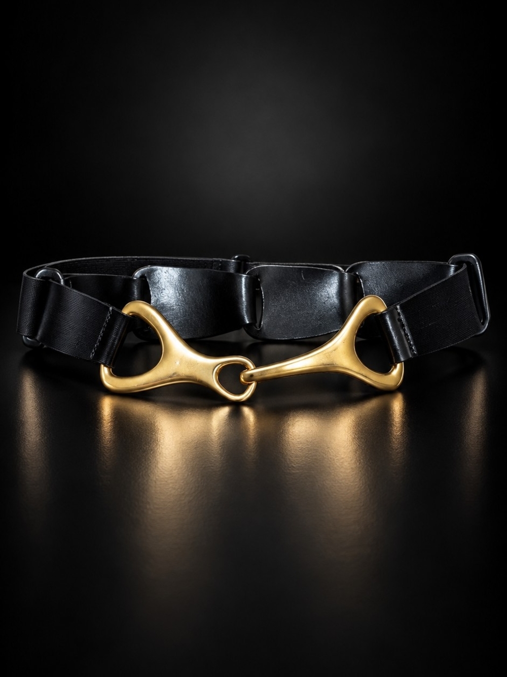 Vintage 80s AVIGNON Black Leather Equestrian Horse Bit Belt Gold Hardware M